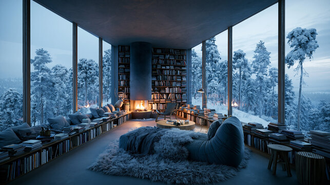 Cozy Winter Reading Retreat with Fireplace and Snow Forest Views