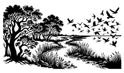 Fototapeta premium Nature Landscape with Flying Birds River and Trees Black Silhouette Vector Set