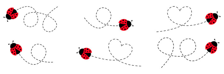 Red ladybug beetle set in flat style. Adorable insect character with dotted path collection. Vector illustration isolated on white. © Віталій Баріда