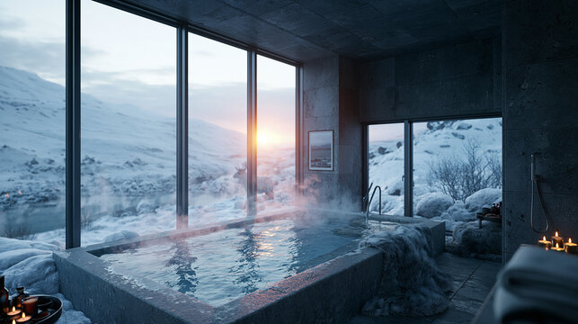 Luxury Hot Spring Bath with Snowy Mountain Sunset View