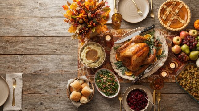 Traditional thanksgiving dinner table setting with roasted turkey and autumn seasonal side dishes