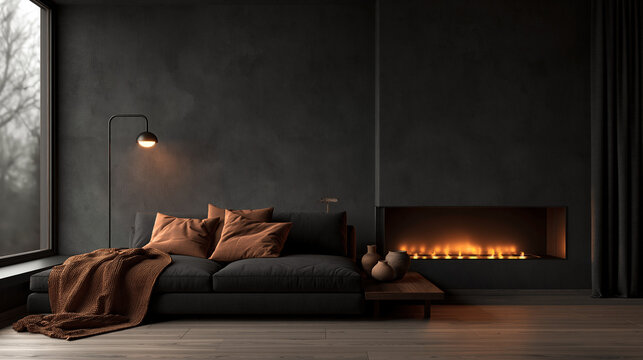 Modern Minimalist Living Room with Fireplace and Warm Lighting
