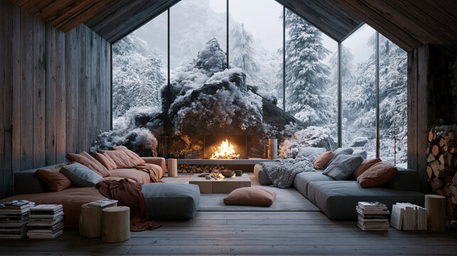 Luxury Winter Retreat With Fireplace and Snow-Covered Forest View