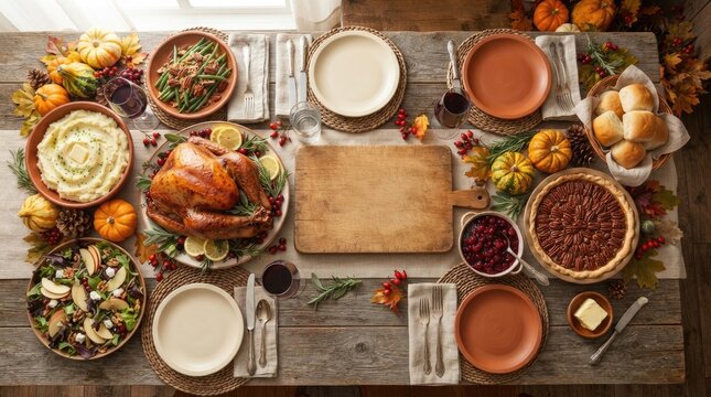 Top view of a traditional thanksgiving dinner table spread with roasted turkey