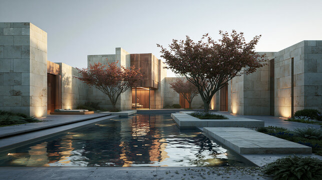 Modern Luxury Courtyard with Reflecting Pool at Dusk