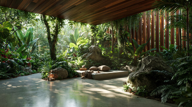 Tropical Spa Sanctuary with Meditation Seating Area