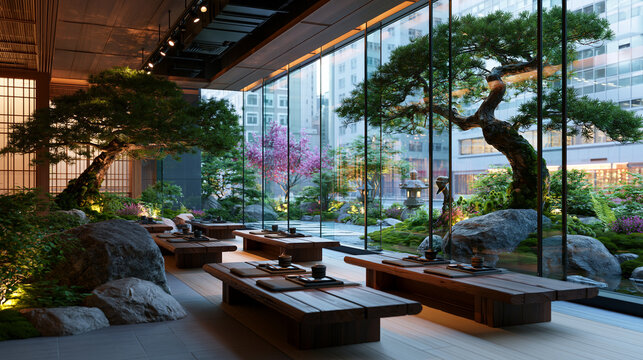 Zen Meditation Space with Bonsai Trees and City View