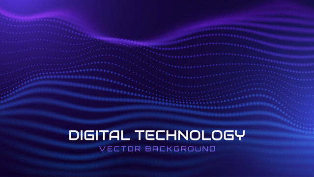 Blue Purple Particles Digital Technology Banner Background. Futuristic Data Flow Abstract Wave Design. Vector Illustration.