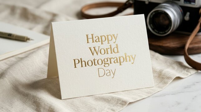 A vintage camera sits next to a greeting card with the text happy world photography day on a soft textured background