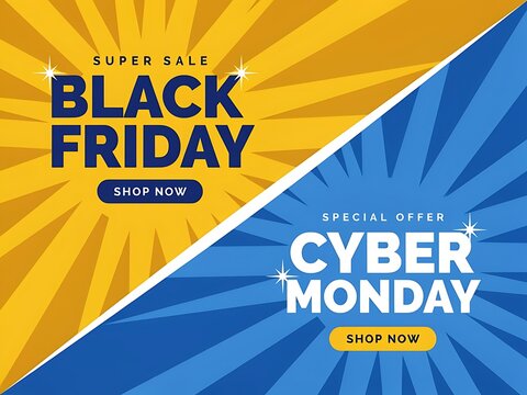 Bright and vibrant promotional graphic highlighting Black Friday and Cyber Monday sales with bold colors and eyecatching text emphasizing shopping deals for these major shopping events