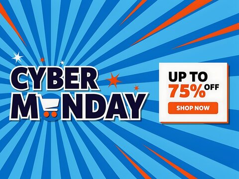 Cyber Monday sales event advertisement with bold modern typography and vibrant blue background with radiating lines and stars highlighting special discount offers for online shopping deals