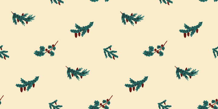 Scattered Evergreen Branches with Pine Cones, Hand Drawn Christmas Botanical Pattern for Seasonal Packaging, Fabric, Greeting Cards and Holiday Decor