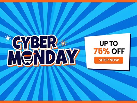 Cyber Monday sales promotion with bold text highlighting discounts and shopping call to action for online shoppers on a vibrant blue background with radiant lines