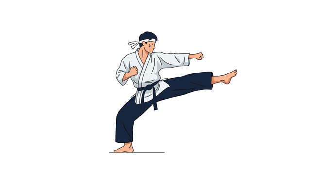 Active male martial artist wearing a white kimono and black belt performs a powerful side kick vector illustration.