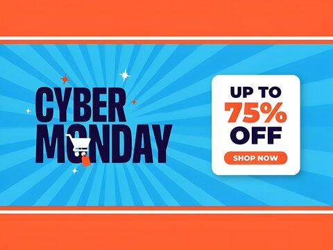 Cyber Monday shopping sale banner with up to seventyfive percent discount promotional message and call to action button for online shopping sales event