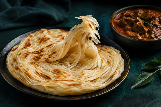 Kerala parotta captured mid-flake with layered texture, spicy curry beside it, dark teal restaurant background