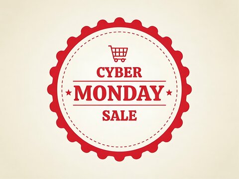 Cyber Monday sale promotional badge with bold red text emphasizing discount event for online shopping with a shopping cart icon on a clean light background