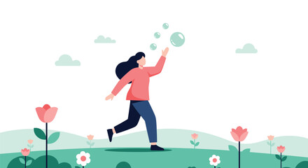Fototapeta premium Happy young girl running through a beautiful green flower meadow and catching floating soap bubbles in summer.