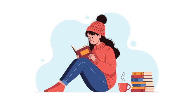Peaceful young woman wearing a cozy red sweater and winter beanie sitting on the floor to read an interesting book.