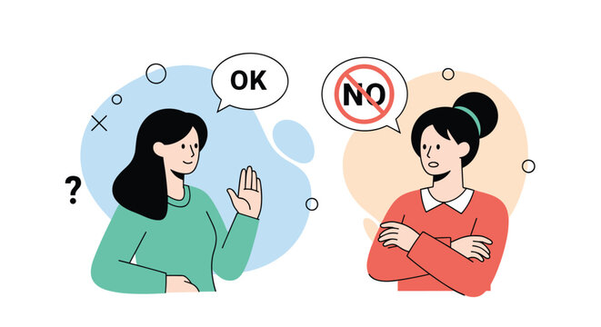 Two women expressing opposite opinions with one saying yes in an ok bubble and the other rejecting with a no sign.
