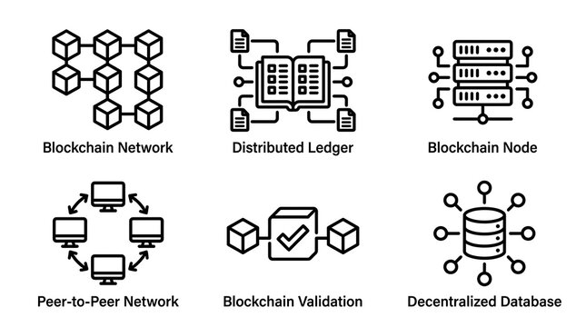 Blockchain and Cryptocurrency Technology Line Icon Set