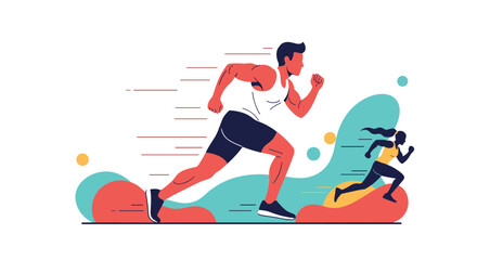Fototapeta premium Dynamic male and female professional athletes sprinting fast in a track competition with abstract colorful background.