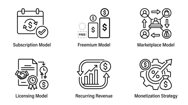 Business Monetization and Revenue Model Line Icon Set
