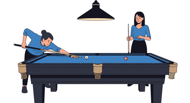 Young active man and woman enjoying a friendly game of billiards under a lamp on a professional blue pool table.