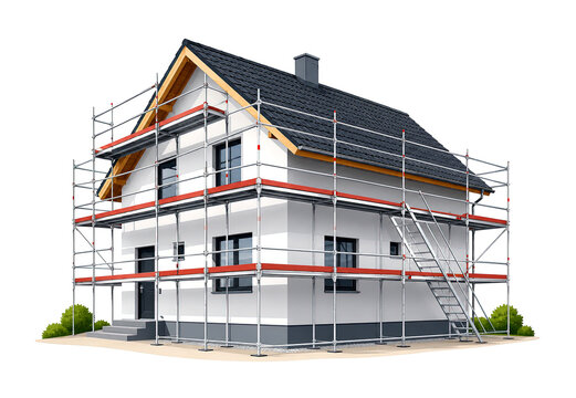 Modern detached house surrounded by scaffold isolated on a white background.