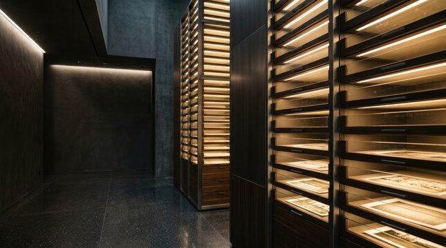 Modern architectural interior design featuring illuminated shelves for world photography day celebration showcasing artistic lighting techniques and creative composition in dark rooms