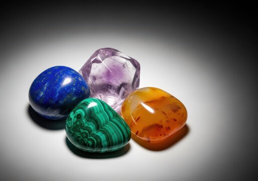 An assortment of polished semiprecious stones in vibrant colors, highlighting natural textures and smooth facets against a neutral surface, pile, collection, geological