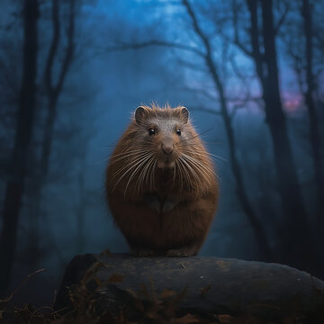 Cute capybara sitting on a log. Wild rodent in a dark forest at night.