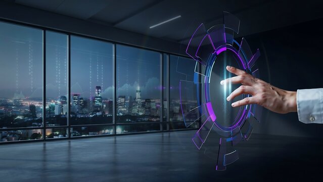 Businessman using futuristic holographic interface in modern office