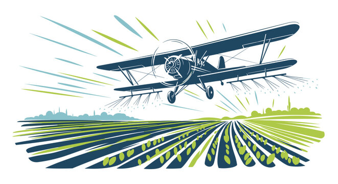 Classic biplane crop duster airplane flying low and spraying pesticide over a lush green cultivated agricultural field.