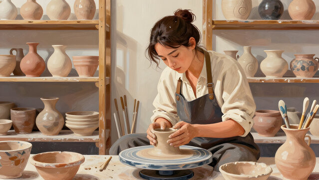 Woman Potter Shaping Clay on Wheel: A focused artisan shapes a clay vessel on a potter's wheel, surrounded by shelves filled with finished ceramic pieces, in a studio bathed in natural light.