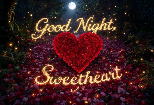 Romantic good night sweetheart greeting card design featuring glowing golden text overlaying magical forest background with heart shaped red rose arrangement and fairy lights at night time.