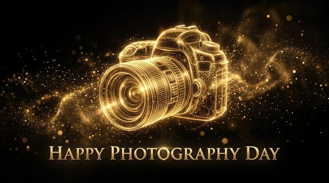A stunning golden light trail camera illustration created for celebrating world photography day with glowing particles on a dark black background