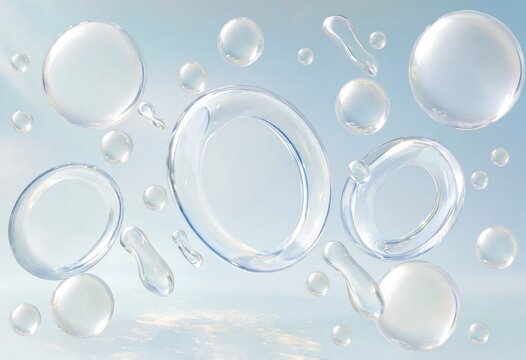 Abstract background featuring multiple transparent soap bubbles and glassy rings floating against light blue sky environment creating dreamy ethereal and modern decorative wallpaper design.