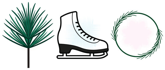 Collection of seasonal nature icons showing green pine needle branch white ice skate shoe and traditional winter wreath frame.