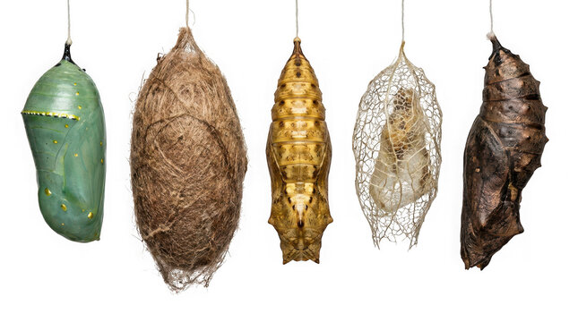 Collection of different insect pupae and cocoons hanging isolated on transparent background