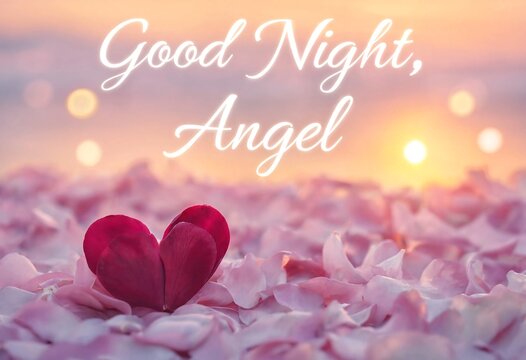 A romantic good night angel message set against a soft sunset background, with a heart-shaped arrangement of red petals nestled within a bed of light pink petals, featuring gentle bokeh lights.