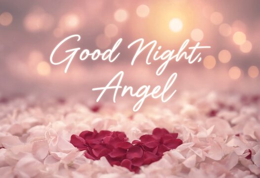 A serene background with good night angel wishes among a soft bed of light pink rose petals and a prominent red heart of petals in the foreground, with bokeh lights and a gentle glow.