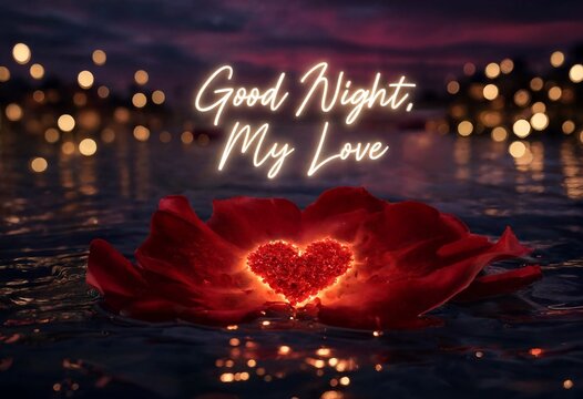 A magical good night, my love message glows above a red rose heart suspended within a single red petal floating on tranquil water, reflecting soft bokeh lights in a romantic night setting.