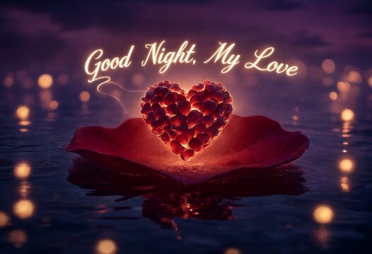 A heartfelt good night, my love message glows above a vibrant red heart made of rose petals, resting gently on a single red petal floating on water, surrounded by romantic bokeh lights at night.