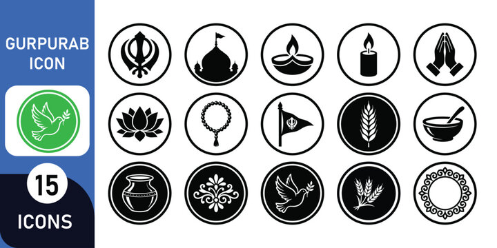 Set of fifteen black and white circular icons representing various symbols related to the sikh religion and gurpurab festival