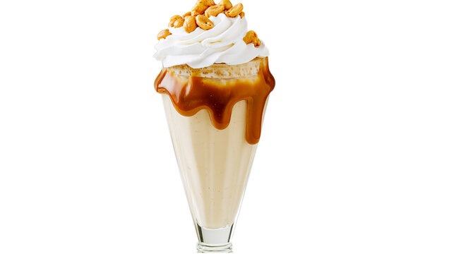 Delicious caramel milkshake with whipped cream and crunchy topping, isolated on a transparent background, a sweet treat for summer days