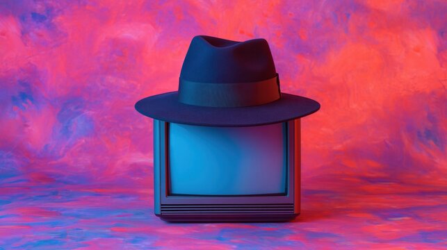 A retro television with a fedora hat sits against a vibrant purple and pink textured background, blending vintage and modern artistic styles.