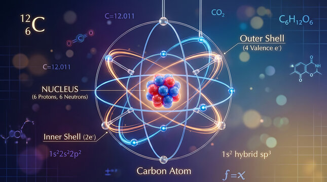 Detailed illustration of a carbon atom with orbiting electrons showcasing atomic structure and electron shells