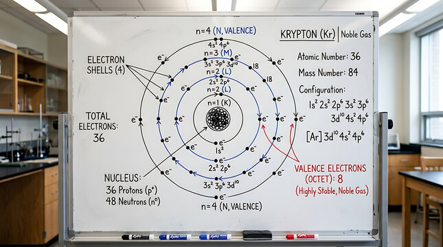 Diagram Illustrating Electron Shells and Nucleus of a Krypton Noble Gas Atom