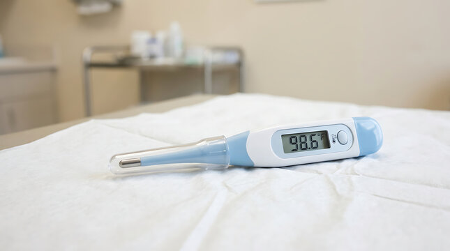 Digital medical thermometer displaying a normal temperature reading on a white surface in a clinical setting.